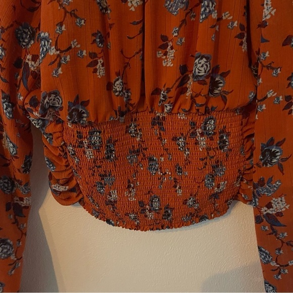 Free People Final Rose Blouse in Rust Floral Long Sleeve Ruched Boho Top size S - Picture 11 of 15